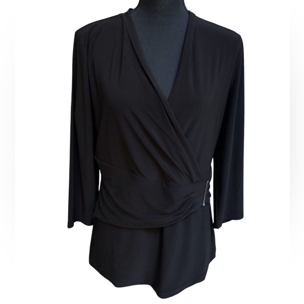 White House Black Market Classic Black Top Size Large V- Neck Faux Draped Wrap